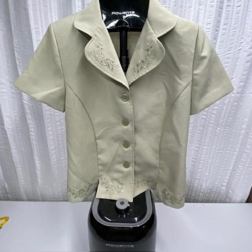 Elizabeth Williams Womens 14P Green Embroidered Jacket Blazer Petite USA